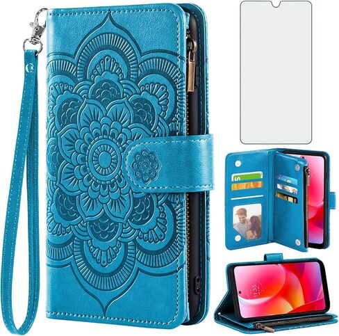 حافظة هاتف Asuwish لهاتف Motorola Moto G Power 2022/MotoG Play 2023/G Pure 2021 مع واقي شاشة من الزجاج المقسى وحامل بطاقة قلاب XT2165DL XT2163DL XT2165-5 XT2271-5 نسائي أزرق in Saudi Arabia
