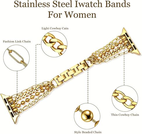 VISOOM Gold Iwatch Bracelet Compatible for Apple Watch Chain Band 40mm/38mm/41mm/42mm Series 10 9 8 7 SE Series 6/5/4 Women Fashion Cute Handmade Multi Stainless Steel Chians for iWatch Bands 3/2/1 in Saudi Arabia