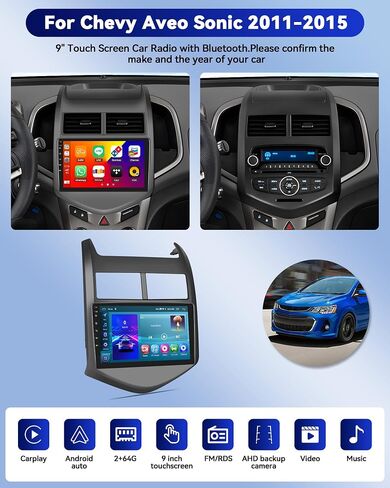 راديو سيارة CamECHO 2+64G Android 13 لسيارة شيفروليه تشيفي أفيو سونيك 2011-2015، Carplay اللاسلكي/Android Auto 9 بوصة IPS شاشة تعمل باللمس ستيريو سيارة مع بلوتوث/GPS Navi WiFi + كاميرا احتياطية AHD + ميكروفون in Saudi Arabia