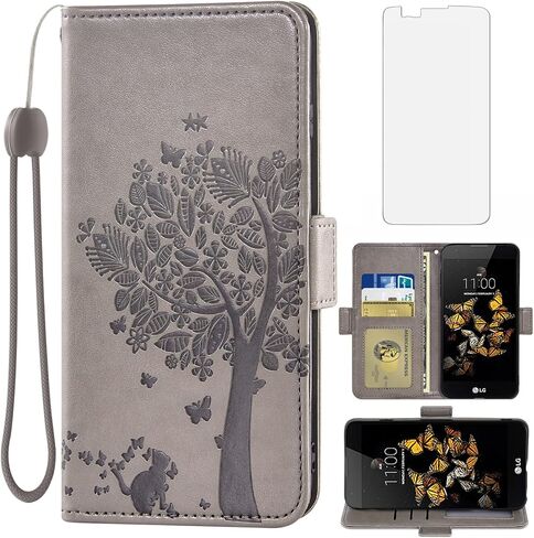Asuwish Compatible with LG Phoenix 2/K7/Tribute 5/Escape 3/Treasure LTE/K8 2016 Wallet Case and Tempered Glass Screen Protector Flip Wrist Strap Card Holder Cell Phone Cover for K371 K330 Men Gray in Saudi Arabia