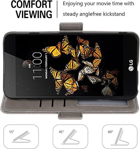 Asuwish Compatible with LG Phoenix 2/K7/Tribute 5/Escape 3/Treasure LTE/K8 2016 Wallet Case and Tempered Glass Screen Protector Flip Wrist Strap Card Holder Cell Phone Cover for K371 K330 Men Gray in Saudi Arabia