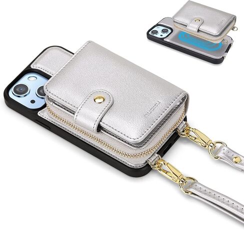 nuoku Designed for iPhone 14 Case Wallet with RFID Blocking Card Holder, Magnetic Detachable Lanyard Strap Wristlet Zipper Crossbody Wallet Women Compatible with iPhone 14 (Black) in Saudi Arabia