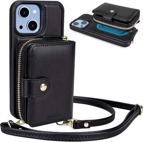 nuoku Designed for iPhone 14 Case Wallet with RFID Blocking Card Holder, Magnetic Detachable Lanyard Strap Wristlet Zipper Crossbody Wallet Women Compatible with iPhone 14 (Black) in Saudi Arabia