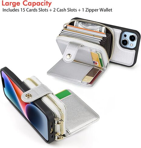 nuoku Designed for iPhone 14 Case Wallet with RFID Blocking Card Holder, Magnetic Detachable Lanyard Strap Wristlet Zipper Crossbody Wallet Women Compatible with iPhone 14 (Black) in Saudi Arabia