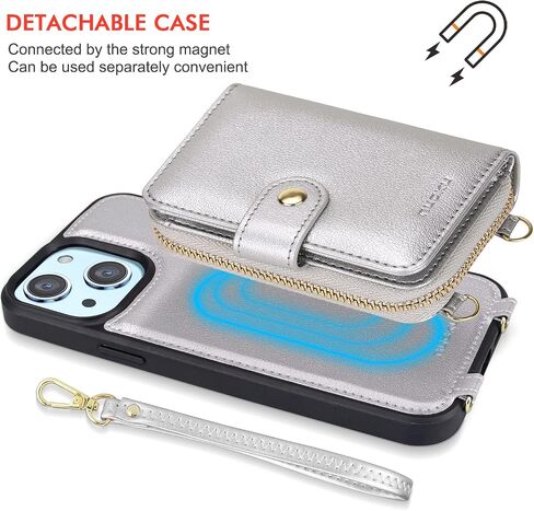 nuoku Designed for iPhone 14 Case Wallet with RFID Blocking Card Holder, Magnetic Detachable Lanyard Strap Wristlet Zipper Crossbody Wallet Women Compatible with iPhone 14 (Black) in Saudi Arabia