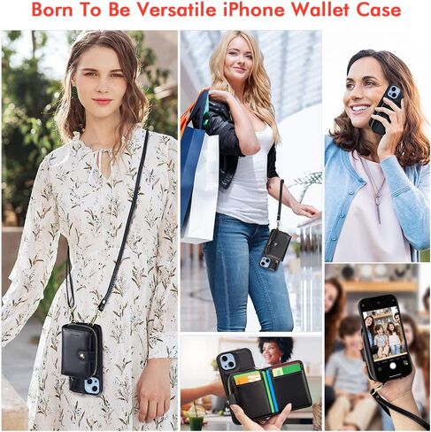 nuoku Designed for iPhone 14 Case Wallet with RFID Blocking Card Holder, Magnetic Detachable Lanyard Strap Wristlet Zipper Crossbody Wallet Women Compatible with iPhone 14 (Black) in Saudi Arabia