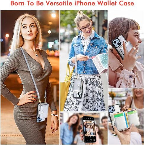 nuoku Designed for iPhone 14 Case Wallet with RFID Blocking Card Holder, Magnetic Detachable Lanyard Strap Wristlet Zipper Crossbody Wallet Women Compatible with iPhone 14 (Black) in Saudi Arabia