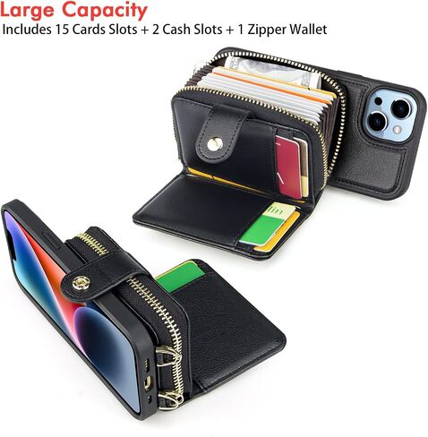 nuoku Designed for iPhone 14 Case Wallet with RFID Blocking Card Holder, Magnetic Detachable Lanyard Strap Wristlet Zipper Crossbody Wallet Women Compatible with iPhone 14 (Black) in Saudi Arabia