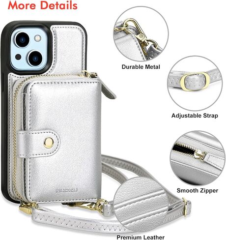 nuoku Designed for iPhone 14 Case Wallet with RFID Blocking Card Holder, Magnetic Detachable Lanyard Strap Wristlet Zipper Crossbody Wallet Women Compatible with iPhone 14 (Black) in Saudi Arabia