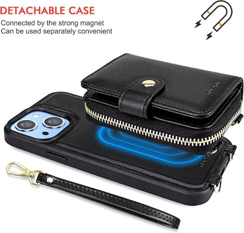 nuoku Designed for iPhone 14 Case Wallet with RFID Blocking Card Holder, Magnetic Detachable Lanyard Strap Wristlet Zipper Crossbody Wallet Women Compatible with iPhone 14 (Black) in Saudi Arabia