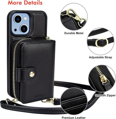 nuoku Designed for iPhone 14 Case Wallet with RFID Blocking Card Holder, Magnetic Detachable Lanyard Strap Wristlet Zipper Crossbody Wallet Women Compatible with iPhone 14 (Black) in Saudi Arabia