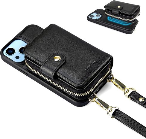 nuoku Designed for iPhone 14 Case Wallet with RFID Blocking Card Holder, Magnetic Detachable Lanyard Strap Wristlet Zipper Crossbody Wallet Women Compatible with iPhone 14 (Black) in Saudi Arabia