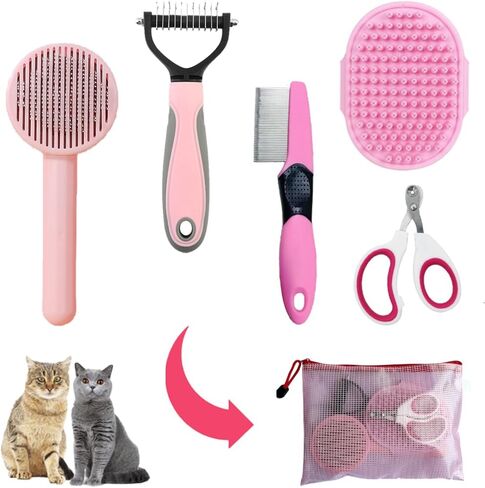 Cat Brush Grooming Kit 5pcs - Cat Brushes for indoor Cats, Cat Brush for Shedding for Long Haired Cats, Cat Brush for Matted Fur Hair, Pet Self Cleaning Kit with Flea Comb Set Blue in Saudi Arabia