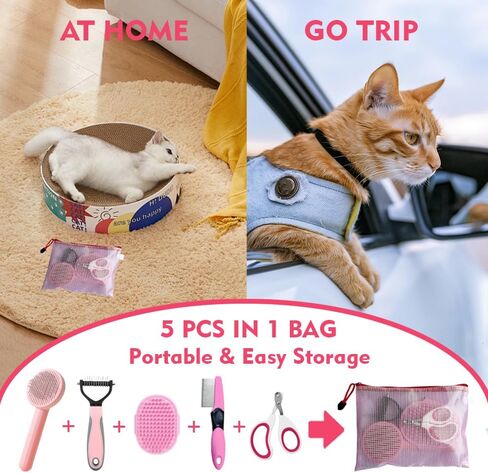 Cat Brush Grooming Kit 5pcs - Cat Brushes for indoor Cats, Cat Brush for Shedding for Long Haired Cats, Cat Brush for Matted Fur Hair, Pet Self Cleaning Kit with Flea Comb Set Blue in Saudi Arabia