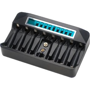 AA AAA Battery Charger 8 Bay for Ni-MH Ni-CD AA AAA 9V Rechargeable Batteries,AA Battery Charger with Larger LCD Screen,Independent Control AAA Charger -Black