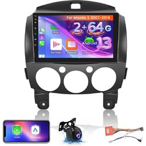 [2G+64G] for Mazda 2 2007-2014 Android 13 Radio - 9 Inch HD Touch Screen Stereo - Wireless Apple CarPlay and Android Auto, Mirror Link, WiFi, GPS Navigation, EQ, SWC + AHD Backup Camera + Mic