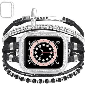 Cross Bracelet & Case Compatible with Apple Watch Band 40mm 44mm 45mm 41mm 38mm 42mm Women, Cute Handmade Boho Wristband Leather Wrap Strap with Bling Bumper for iWatch Series 9 8 7 6 5 4 3 2 1 SE