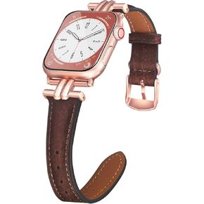Leather Bands Compatible Apple Watch Women Slim 38mm 40mm 41mm 42mm 44mm 45mm 46mm 49mm, Jullstar Leather Strap with I-Shape Metal Stainless Steel Buckle Fashion Retro Vintage Wristband for Iphone Watch Ultra SE Series 10 9 8/7/6/5/4/3/2/1