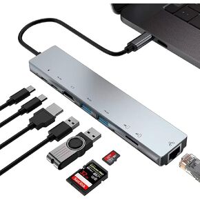USB C Hub Ethernet HDMI 4K Adapter, 8-in-1 USB C Multiport Adapter to RJ45 Ethernet USB 3.0 OTG SD/TF Card Reader USB-C Data 100W PD Charging Port for MacBook Pro/Air iPhone 16 15 Plus, etc