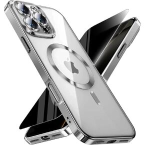 Magnetic for iPhone 16 Pro Max Case with Privacy Screen Protector & Full Camera Cover,[Non-Yellowing] Plating Glossy Soft Shockproof Clear Phone Case with MagSafe Women Girls for 16 ProMax,Gold