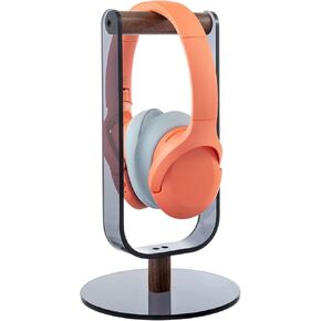 MyGift Modern Deluxe Black Acrylic Gaming Headphone Stand for Desk with Solid Walnut Wood Bar, Sleek Translucent Standing Desktop Tabletop Gamer Headset Cradle Rest
