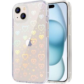 Tksafy Case Compatible iPhone 15 Case, Clear Glitter Cute Laser Holographic Love Heart Pattern for Women Girls, Anti-Yellow Hard PC Protective Phone Cover for iPhone 15 6.1-inch 2023, Rainbow Heart