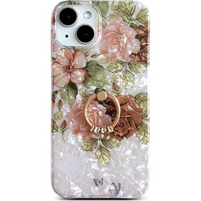Qokey for iPhone 13 Case,for iPhone 14 Case,Flower Case Cute Clear for Women Girls with 360 Degree Rotating Ring Kickstand Soft TPU Shockproof Cover Compatible for iPhone 13/14 6.1" Brown Floral