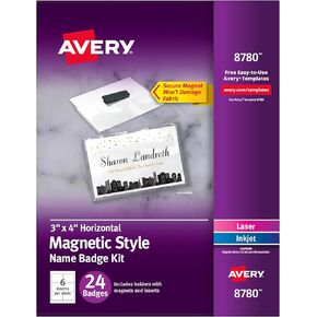 Avery Customizable Name Badges with Magnets, 3" x 4", Clear Name Tag Holders with White Printable Inserts, 24 Magnetic Name Badges (8780)
