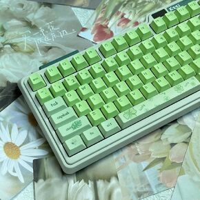 130 Keys PBT Gradient Green Keycaps, Cherry Profile Keycaps Five-Sided Dye-Sub White Green Keycaps, Custom Keycaps Set for Cherry Mx 61/64/68/72/75/84/87/96/104/108 ANSI Mechanical Keyboard