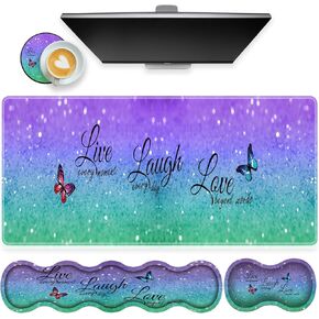Large Gaming Mouse Pad, Keyboard Wrist Rest + Mouse Wrist Pad + Coaster Combination Set, Memory Sponge Non-Slip Base. Suitable for Office and Home, Live Laugh Love