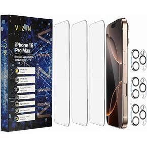 VIZIN - Screen Protectors (3 Pack) + Camera Lens Protectors (3 pack). 16 Pro Max. Includes 3 Installation Kits. Tempered Glass, 9H Hardness, Anti-Fingerprint, HD, Glossy, Proximity Sensor Protection