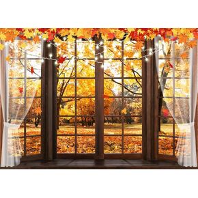 LYCGS 8X6ft Fall Backdrop Autumn Window Background Fall Photography Backdrop Fall Theme Backdrop Autumn String Lights Maple Forest Photo Background X-315