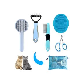 Cat Brush Grooming Kit 5pcs - Cat Brushes for indoor Cats, Cat Brush for Shedding for Long Haired Cats, Pet Self Cleaning Kit, Cat Brush for Matted Fur Hair with Flea Comb Set Pink