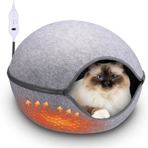 Heated Cat Bed, Indoor Heated Cat Cave, Warmer Thermal Pet Bed with Removable Waterproof Heater for Kitty Small Dogs Gray(19.7 Inch)