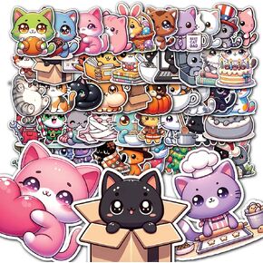 Evercio 50 Pcs Cute Cat Vynil Stickers | Gift for Kids Book Lovers Birthday Party | Kawaii Waterproof Cats Stickers for Water Bottle Kindle Ebook Laptop Phone Skateboard Bicycle Guitar Unique Designs