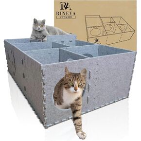 Cat Beds for Indoor Cats - Large Cat Cave for Pet House with Tunnel, Interactive Hideaway Maze, and Cozy Soft Felt Toy for Animals Activity. 38×24×12 inch, Gray