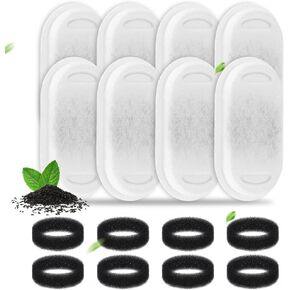 Cat Water Fountain Filter 16 pc for Stainless Steel 108oz/3.2L& 67oz/2L Automatic Pet Water Dispenser Fountian Replacement Filter,Carbon Filter Plus Sponge Foam Filter (White, 8 filters & 8 sponges)