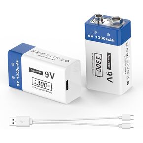 New Upgraded 1300mAh 9V Battery, Rechargeable Household Polymer Batteries with Type-c Charging Cable for Smoke Detectors, Wireless Microphones, LED Lighting Devices, and More (4 PCs)