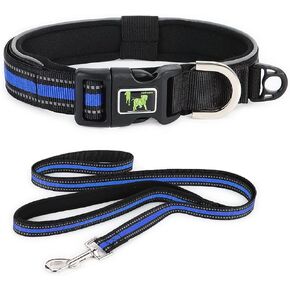 Reflective Dog Collar & Leash Set - Adjustable Tactical Collar for Large Dogs - Ultra Comfortable Polyester Neoprene 4.5ft Leash D-Ring Blue/L