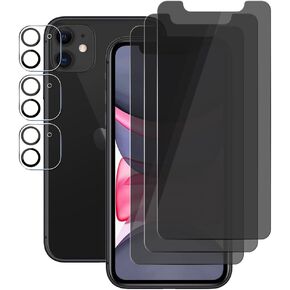 (3+3) For iPhone 11 (6.1") (3 Pack) Anti Spy Private Tempered Glass Film Privacy Screen Protector and (3 Pack) Camera Lens Protector [Not Affect Flash], 9H Hardness, Anti Scratch