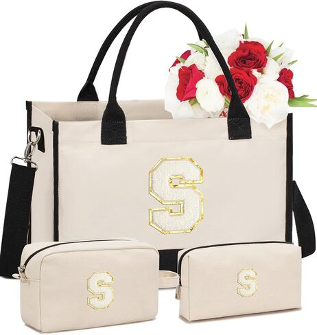 Initial Canvas Tote Bag, Birthday Gifts For Women, Monogram Personalized Gifts For Women Mom Teachers Bridesmaids Wife (Black-K) in Saudi Arabia