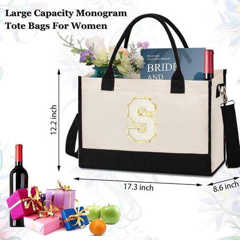 Initial Canvas Tote Bag, Birthday Gifts For Women, Monogram Personalized Gifts For Women Mom Teachers Bridesmaids Wife (Black-K) in Saudi Arabia