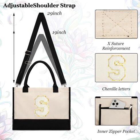 Initial Canvas Tote Bag, Birthday Gifts For Women, Monogram Personalized Gifts For Women Mom Teachers Bridesmaids Wife (Black-K) in Saudi Arabia