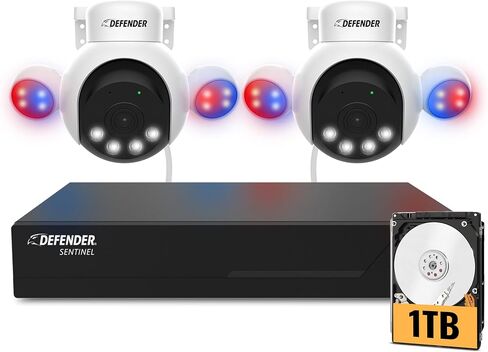 Defender AI Powered Sentinel 4K PTZ Wired Security Camera System with 2 PTZ Cameras, 1TB NVR, 360° AI Tracking, Smart Human Detection, Blue-Red Flashing Light, Color Night Vision, No Monthly Fees in Saudi Arabia