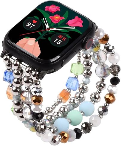 Beaded Bracelet Compatible with Apple Watch Band 38mm/40mm/41mm, Women FashionJewelry Elastic Stretch Band for iWatch Series 9/8/7/se/6/5/4/3/2/1, Replacement Strap Gold Silver black in Saudi Arabia