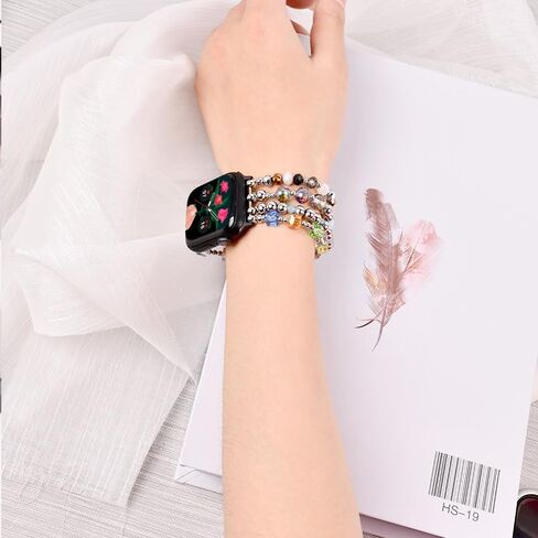 Beaded Bracelet Compatible with Apple Watch Band 38mm/40mm/41mm, Women FashionJewelry Elastic Stretch Band for iWatch Series 9/8/7/se/6/5/4/3/2/1, Replacement Strap Gold Silver black in Saudi Arabia