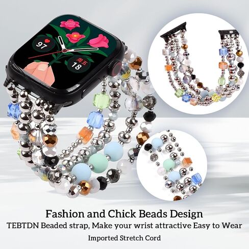Beaded Bracelet Compatible with Apple Watch Band 38mm/40mm/41mm, Women FashionJewelry Elastic Stretch Band for iWatch Series 9/8/7/se/6/5/4/3/2/1, Replacement Strap Gold Silver black in Saudi Arabia