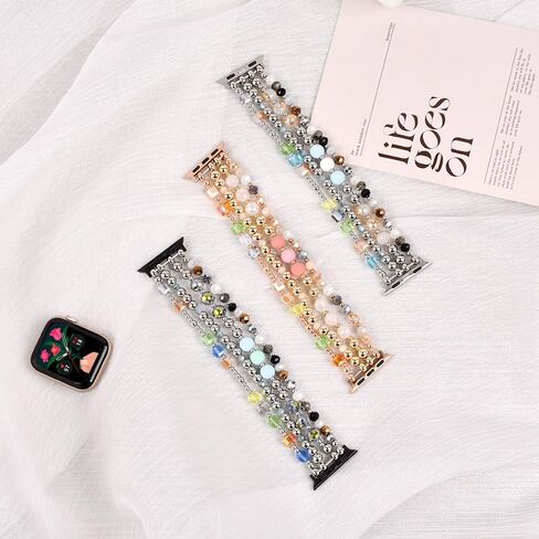 Beaded Bracelet Compatible with Apple Watch Band 38mm/40mm/41mm, Women FashionJewelry Elastic Stretch Band for iWatch Series 9/8/7/se/6/5/4/3/2/1, Replacement Strap Gold Silver black in Saudi Arabia