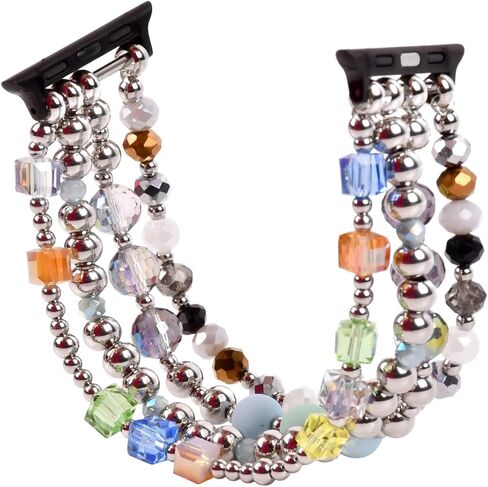 Beaded Bracelet Compatible with Apple Watch Band 38mm/40mm/41mm, Women FashionJewelry Elastic Stretch Band for iWatch Series 9/8/7/se/6/5/4/3/2/1, Replacement Strap Gold Silver black in Saudi Arabia
