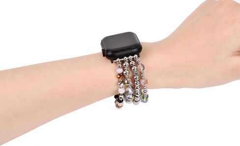 Beaded Bracelet Compatible with Apple Watch Band 38mm/40mm/41mm, Women FashionJewelry Elastic Stretch Band for iWatch Series 9/8/7/se/6/5/4/3/2/1, Replacement Strap Gold Silver black in Saudi Arabia
